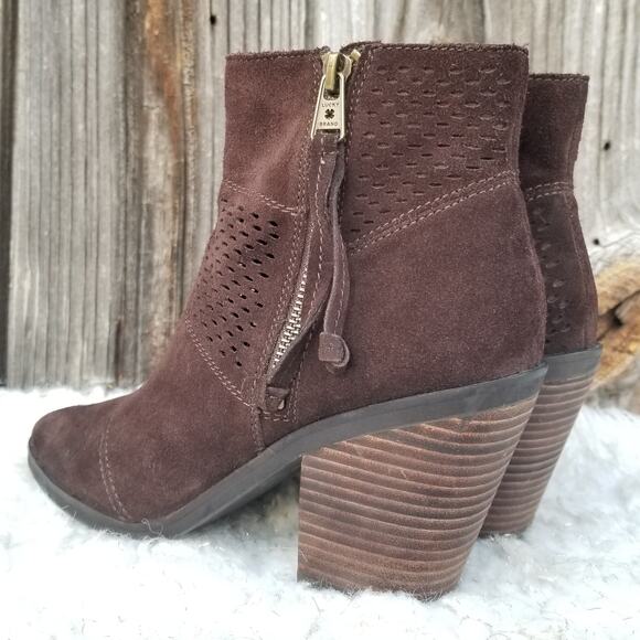 Brown Ankle Boots Suede Perforated Leather Booties Lucky Brand Ramses Size 7.5 - Picture 4 of 12